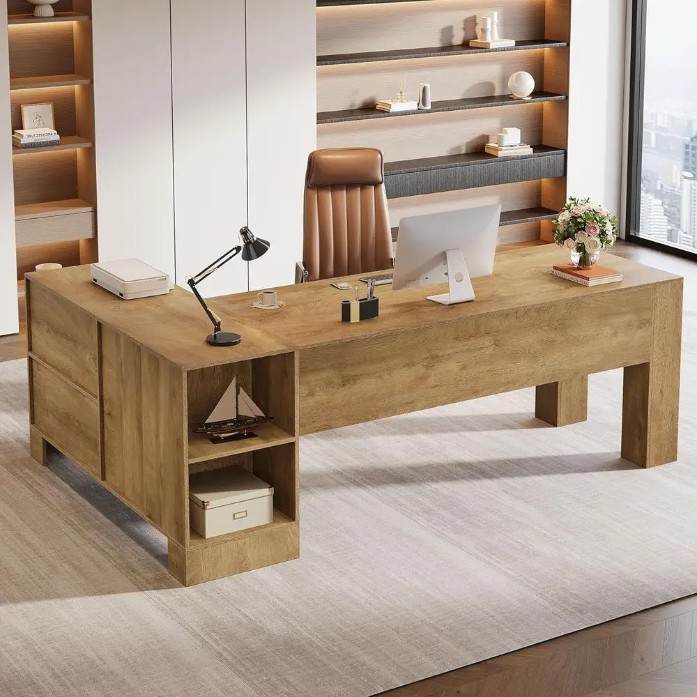 

78 L-Shaped Wooden Desk with Storage Cabinet and 2-Tier Shelf for Home or Office Use