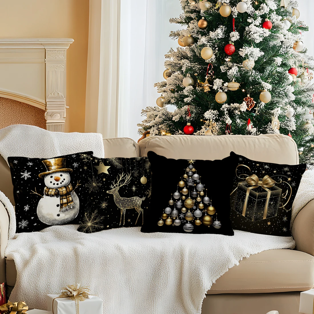 Black Gold Christmas Snowman Cushions Pillowcase Polyester Cushion Cover Throw Pillow Pillowcover Home Car Sofa Decor