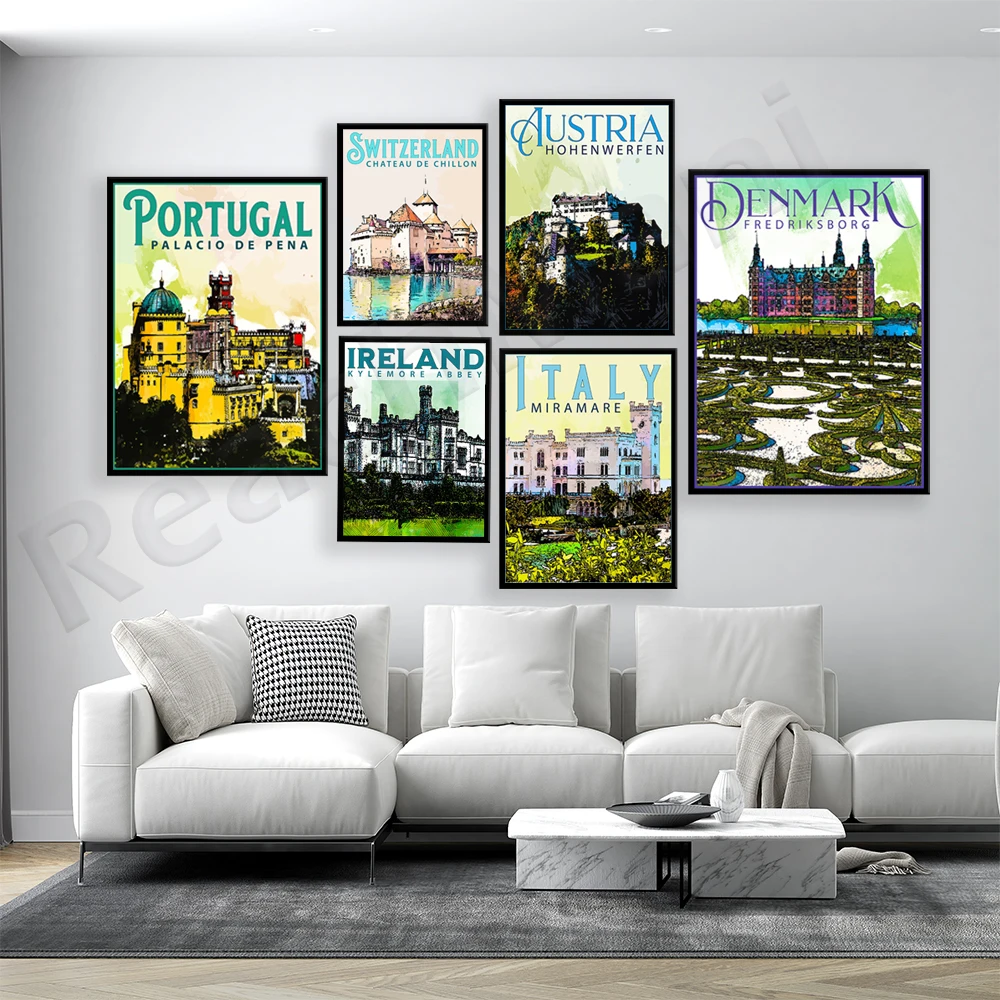 Romania, Portugal, Sweden, Austria, Denmark, England, France, Germany, Ireland, Italy, Switzerland castle travel vacation poster