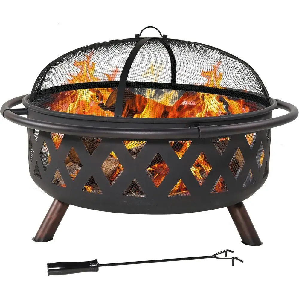 

36-Inch Black Outdoor Wood-Burning Fire Pit with Spark Screen, Poker, and Round Cover