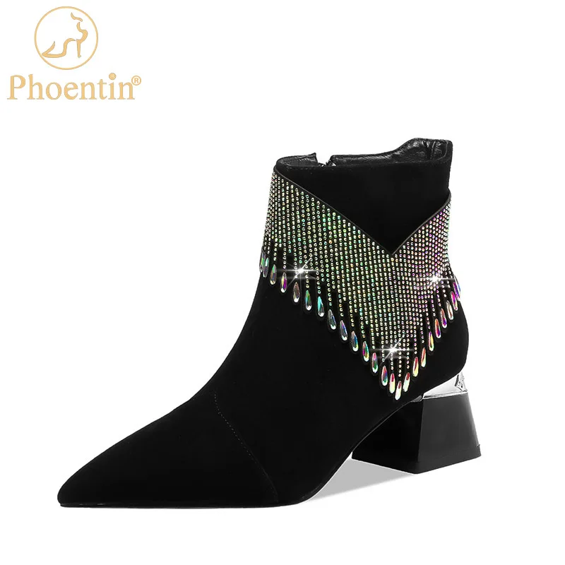 Phoentin rhinestone party Ankle boots for woman 2022 winter sexy pointed toe short boots elegant female black white shoes FT2014