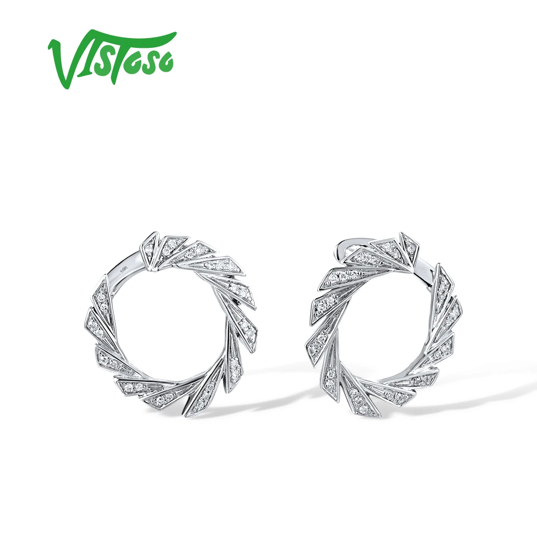 VISTOSO Authentic 14K 585 White Gold Stud Hoop Earrings For Women Sparkling Genuine Diamonds Firework Daily Circle Fine Jewelry