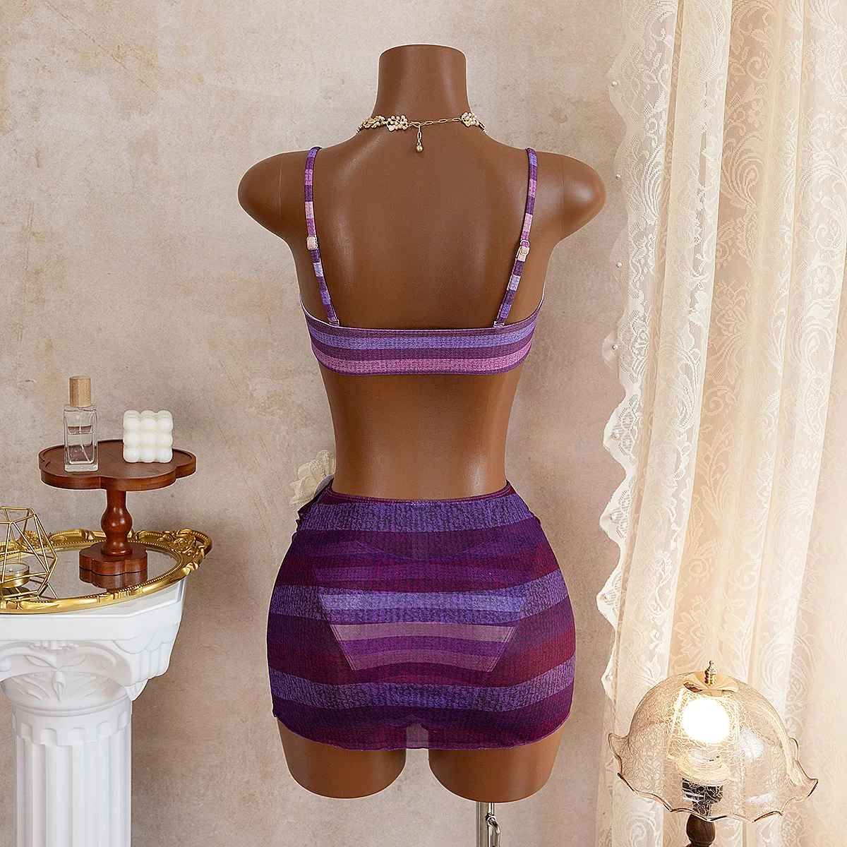 3 Pcs Purple Striped Bikini Set 3D Flower Push Up Top Wrap Skirt Cover Up Mini Sarong Women Romantic Beach Bathing Suit Swimwear