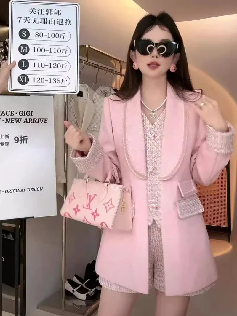 2024 Autumn Winter New Original Designer Pink Suit Blazer Coat Women Jacket Celebrity Light Luxury Splicing Fake Two-piece Suit