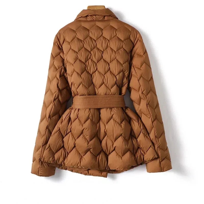 Elegant Style Cotton Jacket Women Water Wave Pattern Quilted Light and Thin Cotton Coat with Lapel Waist Belt Mid Length