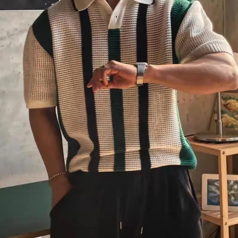 Fashionable Hollow Knitted Polo Shirt for Men Contrast Striped Short-sleeved Pullover Mesh See-through Button Patchwork Sweater view 4