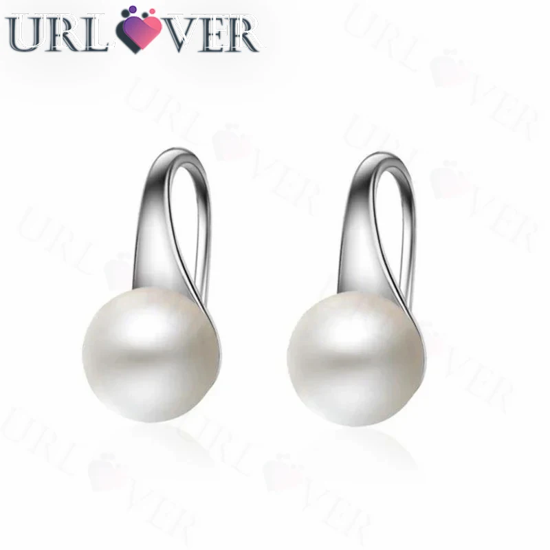 

URLOVER 925 sterling Silver Earrings Drop Women Round Natural Freshwater Pearl Hook Dangle Earring Ear Drops Brincos De Prata