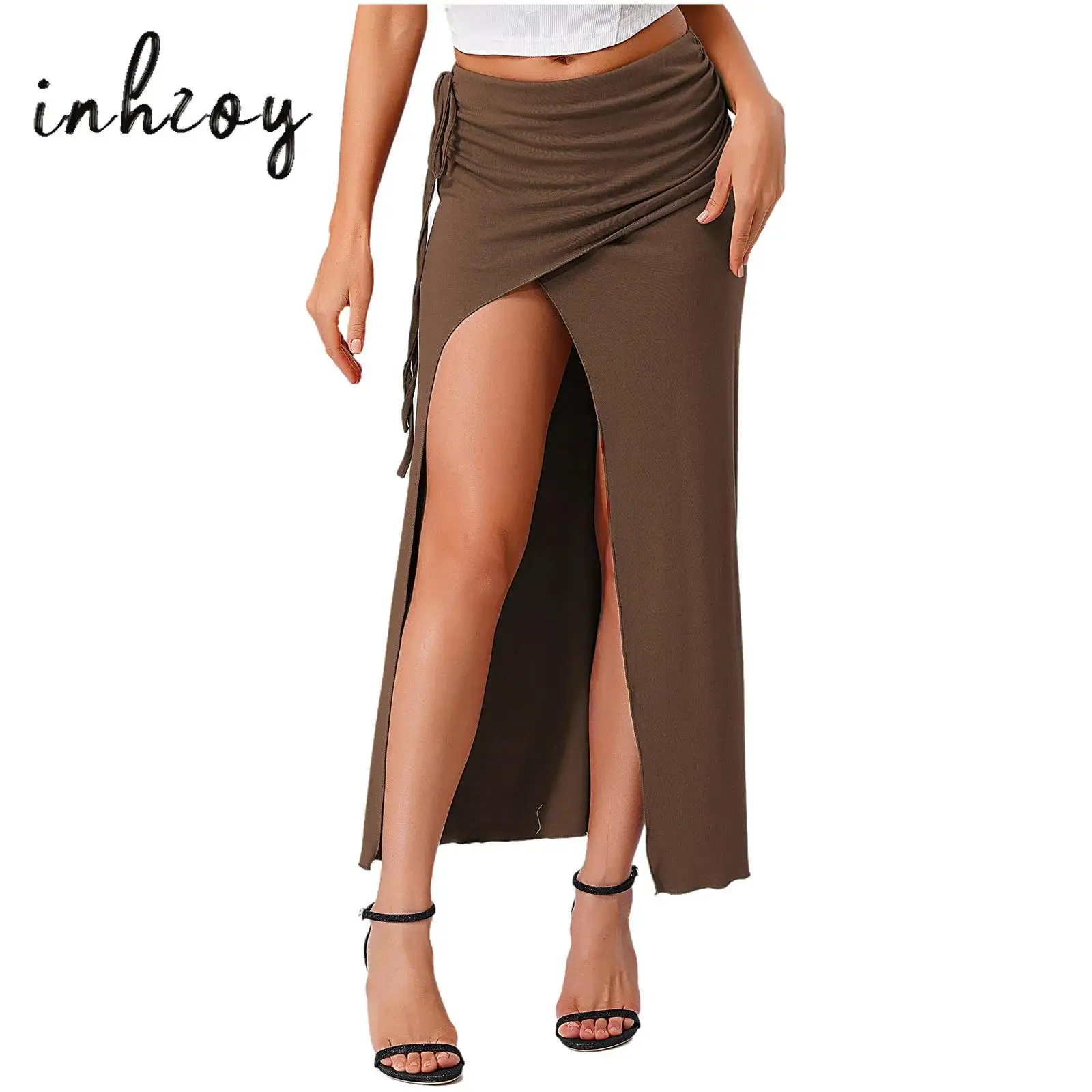 

Womens Belly Dance Skirt Elastic Waist Side Drawstring Slit Safety Shorts Ruched Bodycon Maxi Skirt for Dance Class Performance