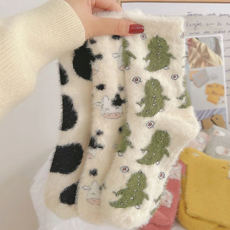 Winter Warm Cartoon Cow Dinosaur Mink Plush Socks For Women Girl Cute Coral Velvet Short Socks Casual Home Indoor Slippers Sock