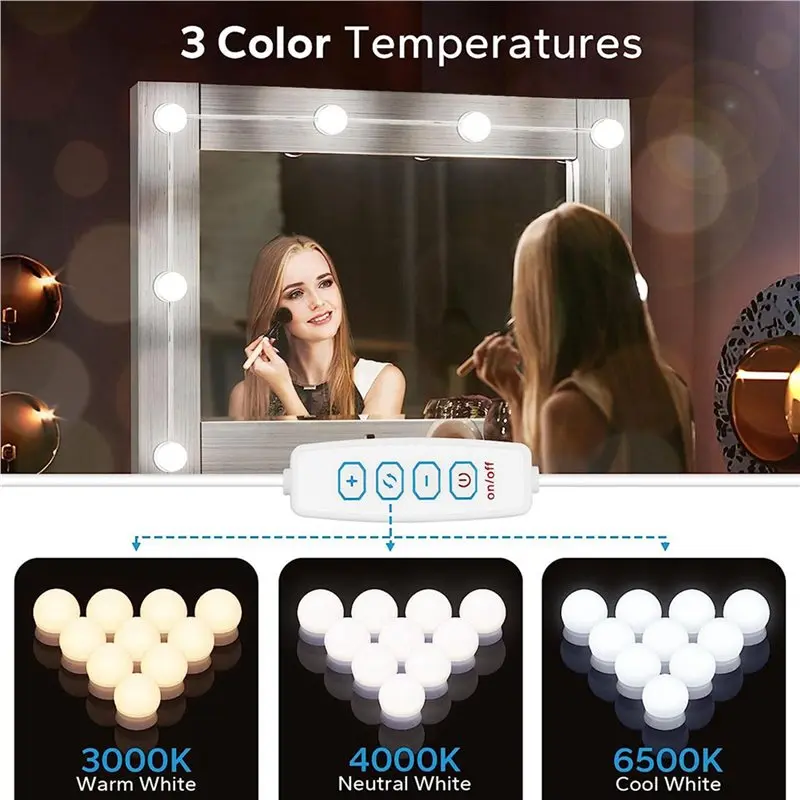 YLS-2X LED Vanity Lights For Mirror, Vanity Lights Stick On With 10 Dimmable Bulbs, USB Cable Mirror Lights