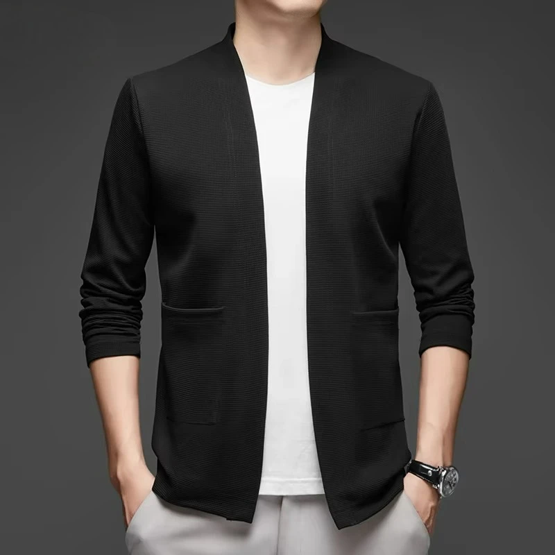 Immagine 5: Nuova Giacca Mantellina a Maniche Lunghe da Uomo, Tinta Unita, in Maglia, Comoda e alla Moda, Versatile per Tutte le Stagioni