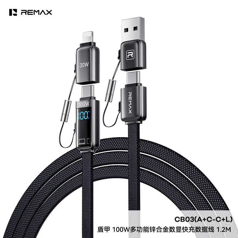 REMAX CB03 4‑in‑1 Digital DisplayCharging Cable Zinc Alloy Braided Flat PD Charging Cord USB‑A Type‑C