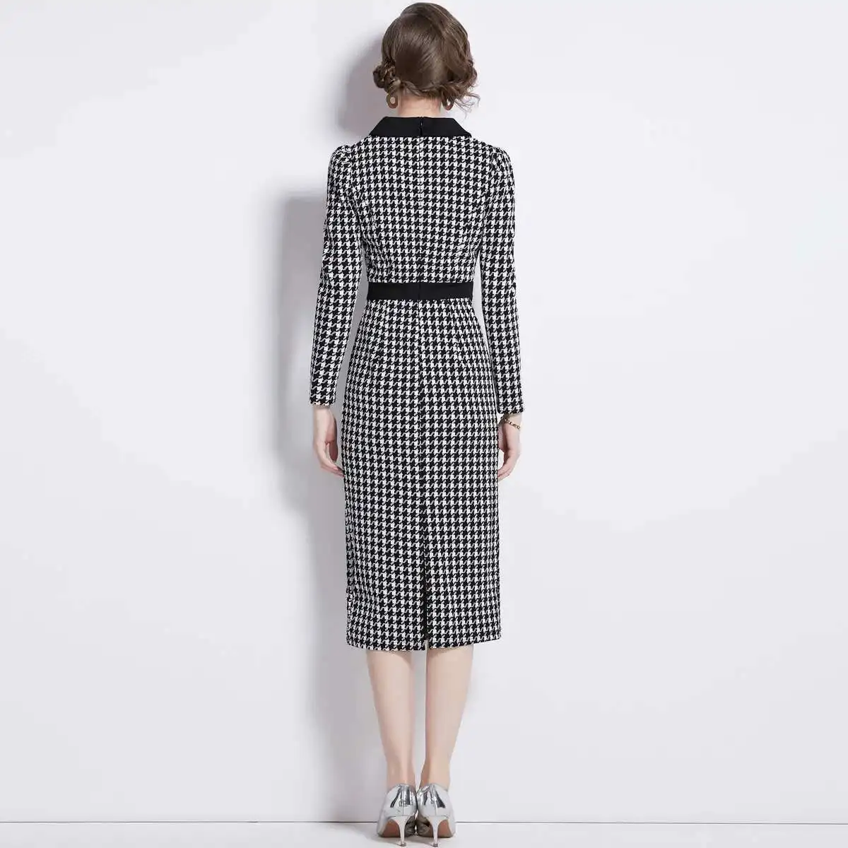 Fashion Black White Checkered Houndstooth Dress Women Long Sleeve Sheash Pencil Midi Dresses Office Lady Double Breasted
