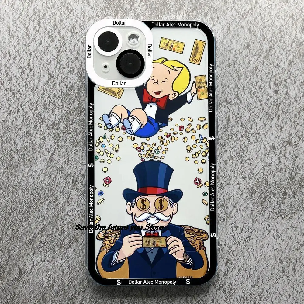 Trend Cartoon Dollar Alec Monopoly Phone Case For iPhone 13 12 11 14 15 Pro Max XSMAX X XR 14 15 PLUS Fashion Clear Soft Cover