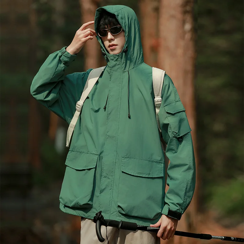 Spring And Autumn New Jacket Men's Stand-Up Collar Multi-Pocket Jacket Casual Loose Hooded Jacket