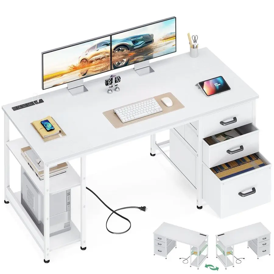

51 Inch Computer Desk with File Drawers amp USB Power Outlets Reversible Home Office Desk with Storage Shelves, Work from Home,