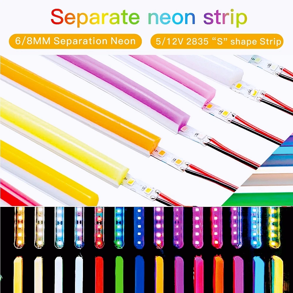 6/8mm DIY Freestanding Silicone Neon Light Strip 120Leds S-Bendable 5/12V Flexible LED Tape for LED Neon Signs RGB IP67 1m 5m