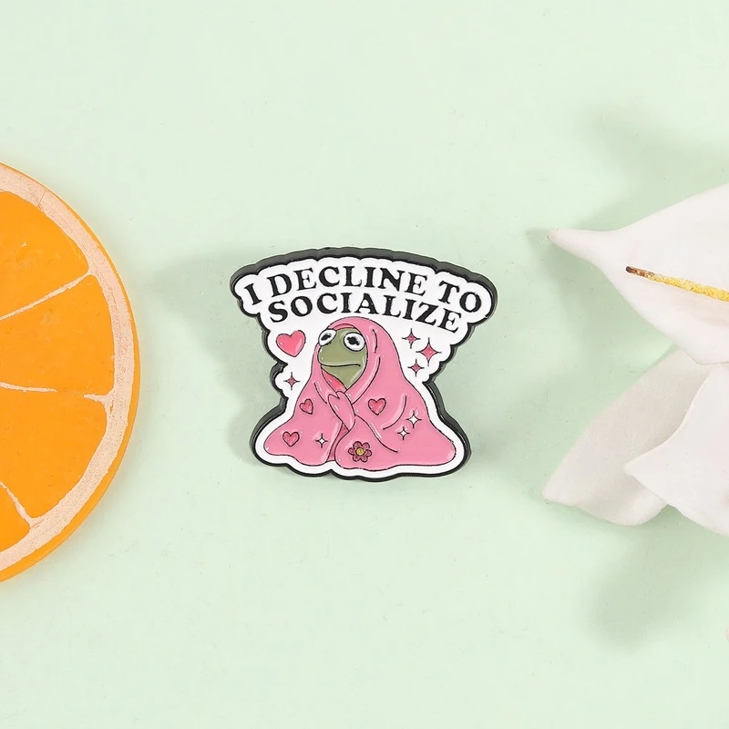 I Decline To Socialize Enamel Pin Cute Kermit Frog Animal Social Anxiety Brooch Lapel Badge Jewelry Accessories Gift for Friends