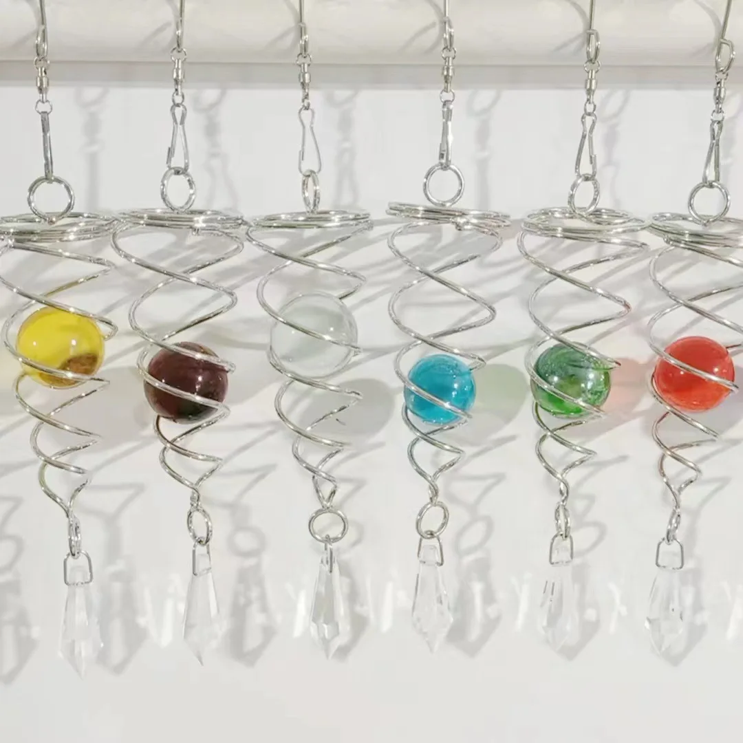 回転式ウィンドチャイムアクセサリー、ステンレス鋼、電気メッキクリスタルガラスボール、スパイラルテール、ボルテックスペンダント、12インチ