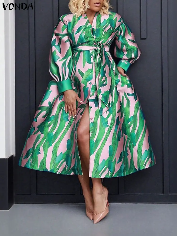 

Plus Size 5XL VONDA Women Printing Long Dresses Autumn Long Lantern Sleeve Bohemian Party Vestido 2025 Fashion V-Neck Belt Dress