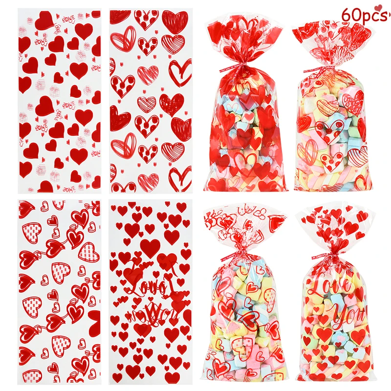 60pcs Valentine Cookie Gift Bags Love Heart Clear Cellophane Candy Bag Wedding Party Decor Valentine's Day Favor Packaging Pouch