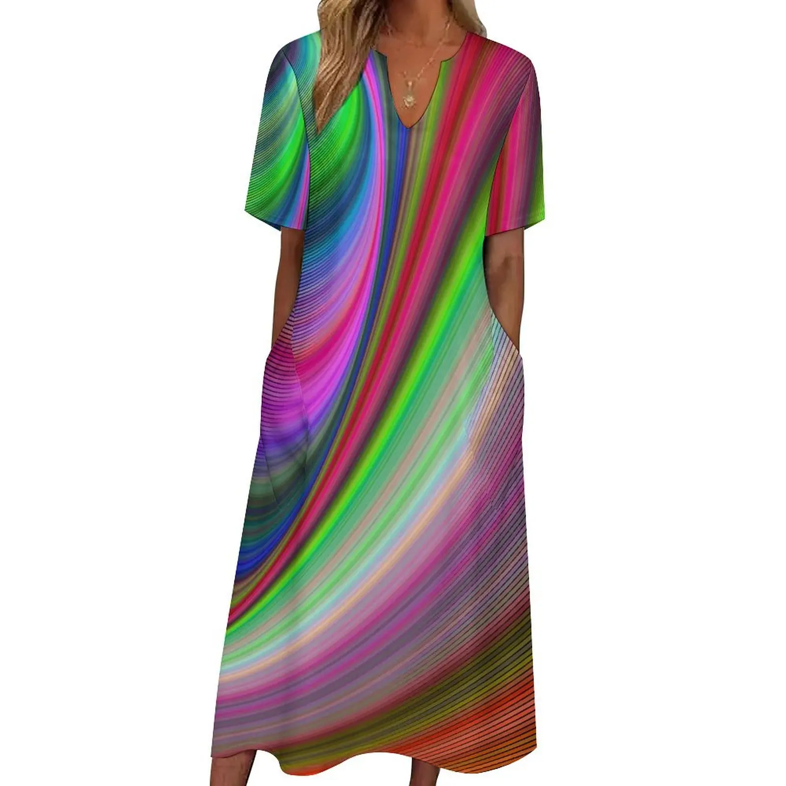 

Rainbow Striped Dress Spring Abstract Art Aesthetic Bohemia Long Dresses Women Graphic Vintage Maxi Dress Big Size 5XL