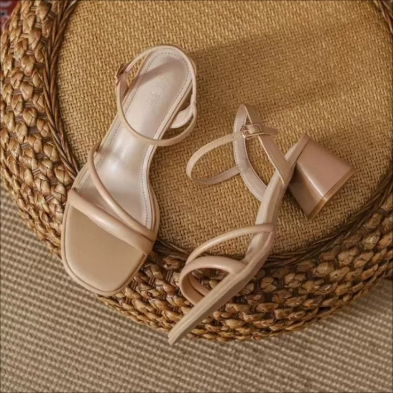 Slender Strap Sandals Women's Summer 2026 New Fashion and Versatile Gentle Strap Block Heel Shoes