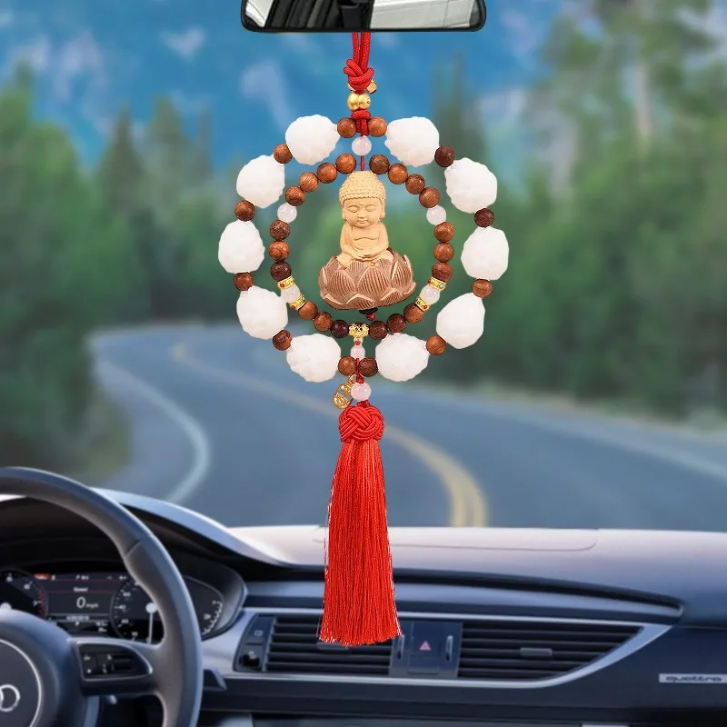 

New Lotus Automobile Hanging Ornament Woven Double Circle Safe Creative Little Buddha Car Rearview Mirror Pendant Boxwood