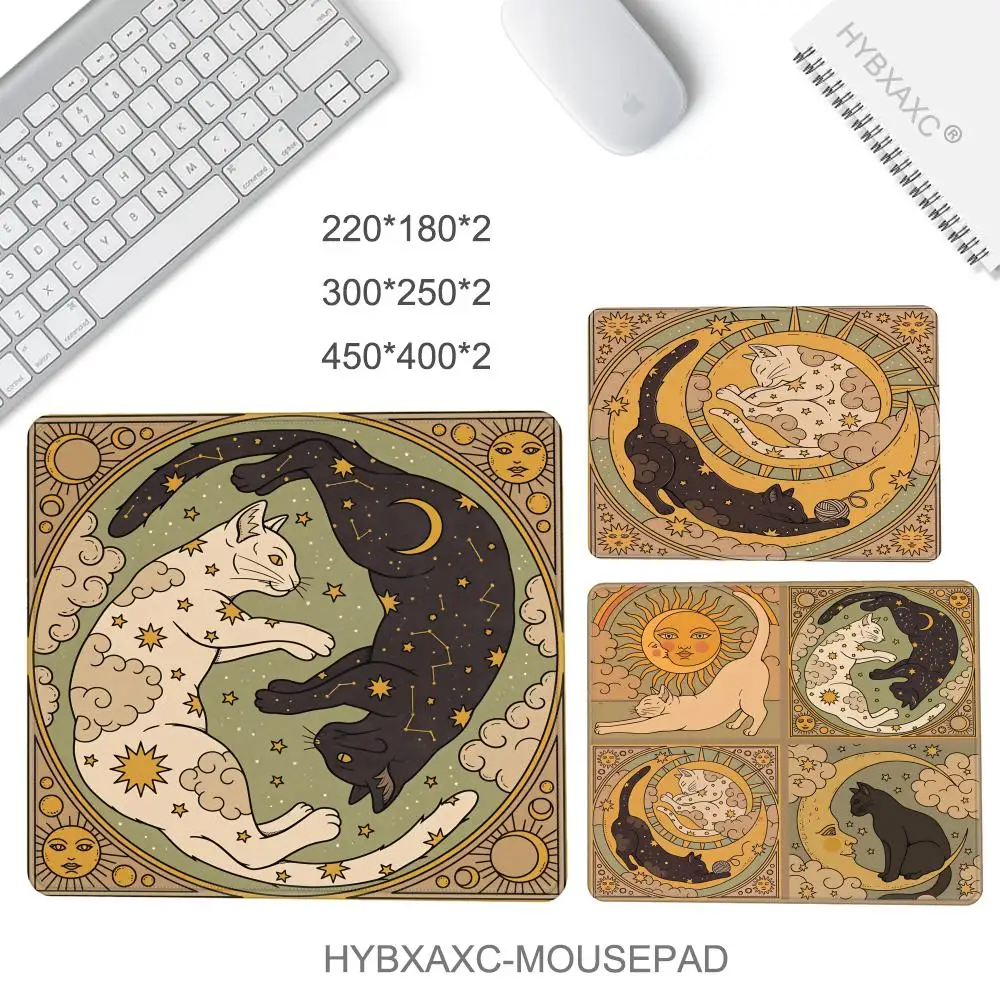 HYBXAXC Mystical Moon Cat Mouse Pad Floral Starry Sky Tarot Pattern Desk Mat