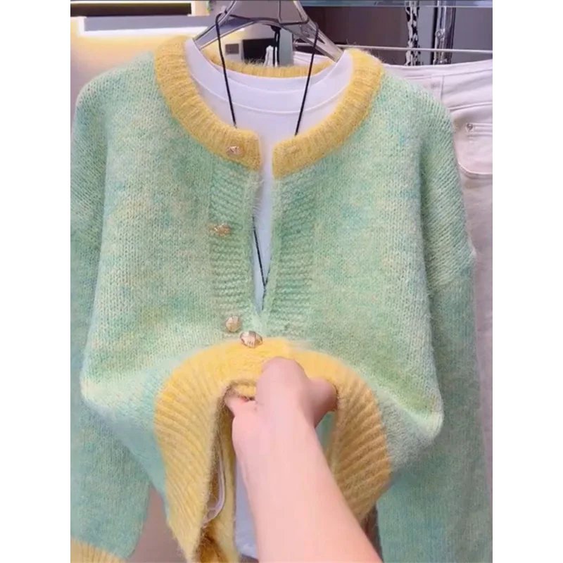 Korean Gentle Style Contrast Color Sweater Jacket for Women Autumn Winter Design Loose Round Neck Knitted Top Cardigan