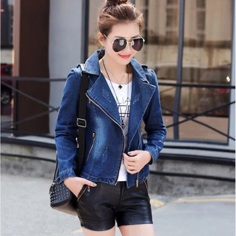 2023Short Denim Jacket Women  Spring Autumn Blazer Zipper Slim Casual Tops Lady Outerwear Blue Jeans Coat Windbreaker