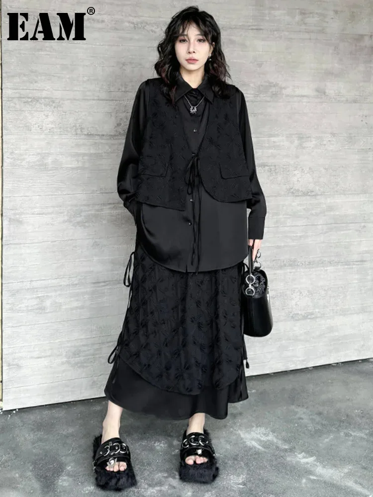 [EAM] Black Big Size Shirt Half-body Skirt Two Pieces Suit New Lapel Long Sleeve Women Fashion Tide Spring Autumn 2024 1DH4805