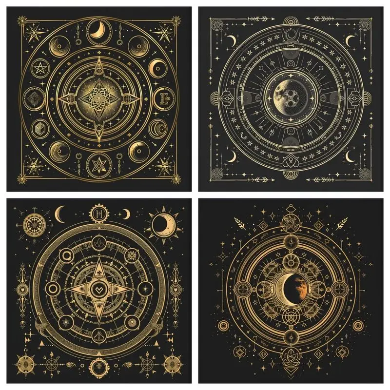 Tarot Altar Cloth Black Gold Moon Phase Pentagram Sacred Geometry Mat for Wicca Witchcraft Tarot Ritual Decor