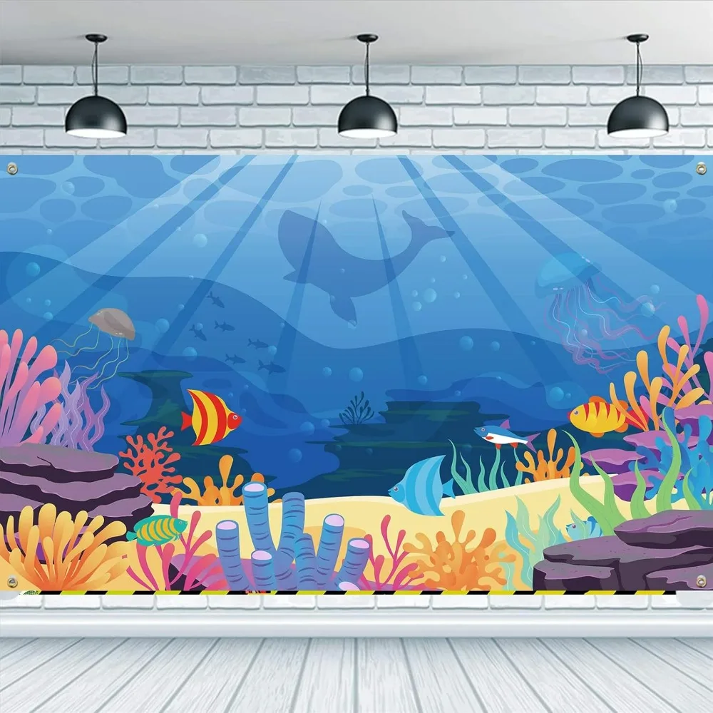 Under The Sea Backdrop 6x3.6ft Colorful Reefs and Algae Hanging Banner Party Decoration Underwater Ocean World Backdrops Kids