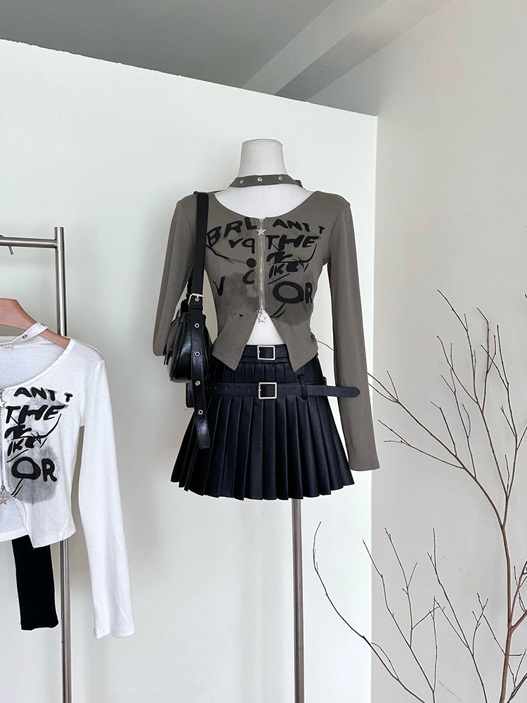 Autumn Women Design Japanese Fashion E-girl Graphic T-Shirts Gothic Harajuku Hollow Out Full Zip Tees Cyber Crop Tops Gyaru Y2k