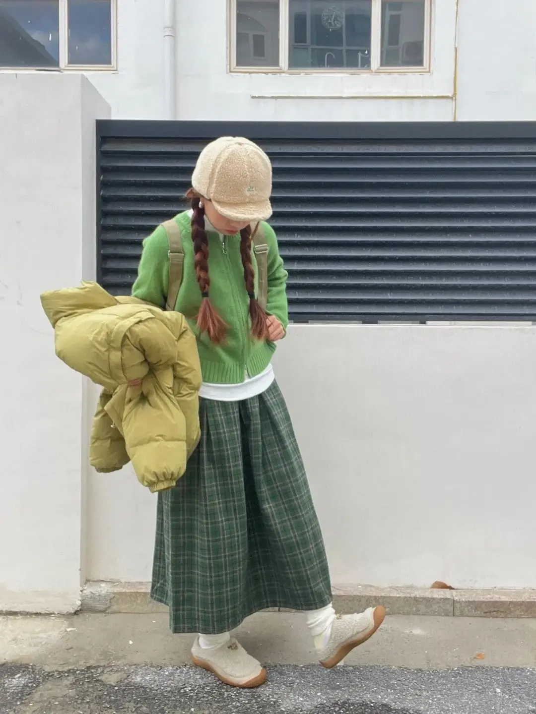 Gonna scozzese in lana sintetica verde foresta alla moda giapponese in stile preppy, vita elastica da donna, linea ad A, stile retrò caldo