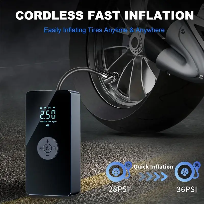 Portable Tire Inflator Bicycle Pump Powerful Large Battery Capacity Auto Shut-off Faster Precise Inflation Multifunctional