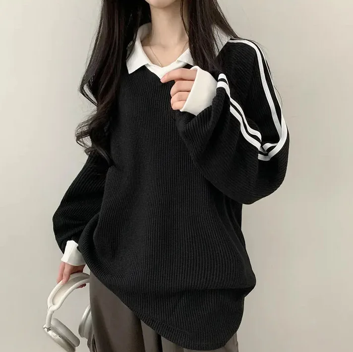 Woman Long Sleeve Pullover Casual Knitwear Tops Autumn Oversize Hoodies Polo Collar Retro Splicing Velvet Hoodie For Women 2024