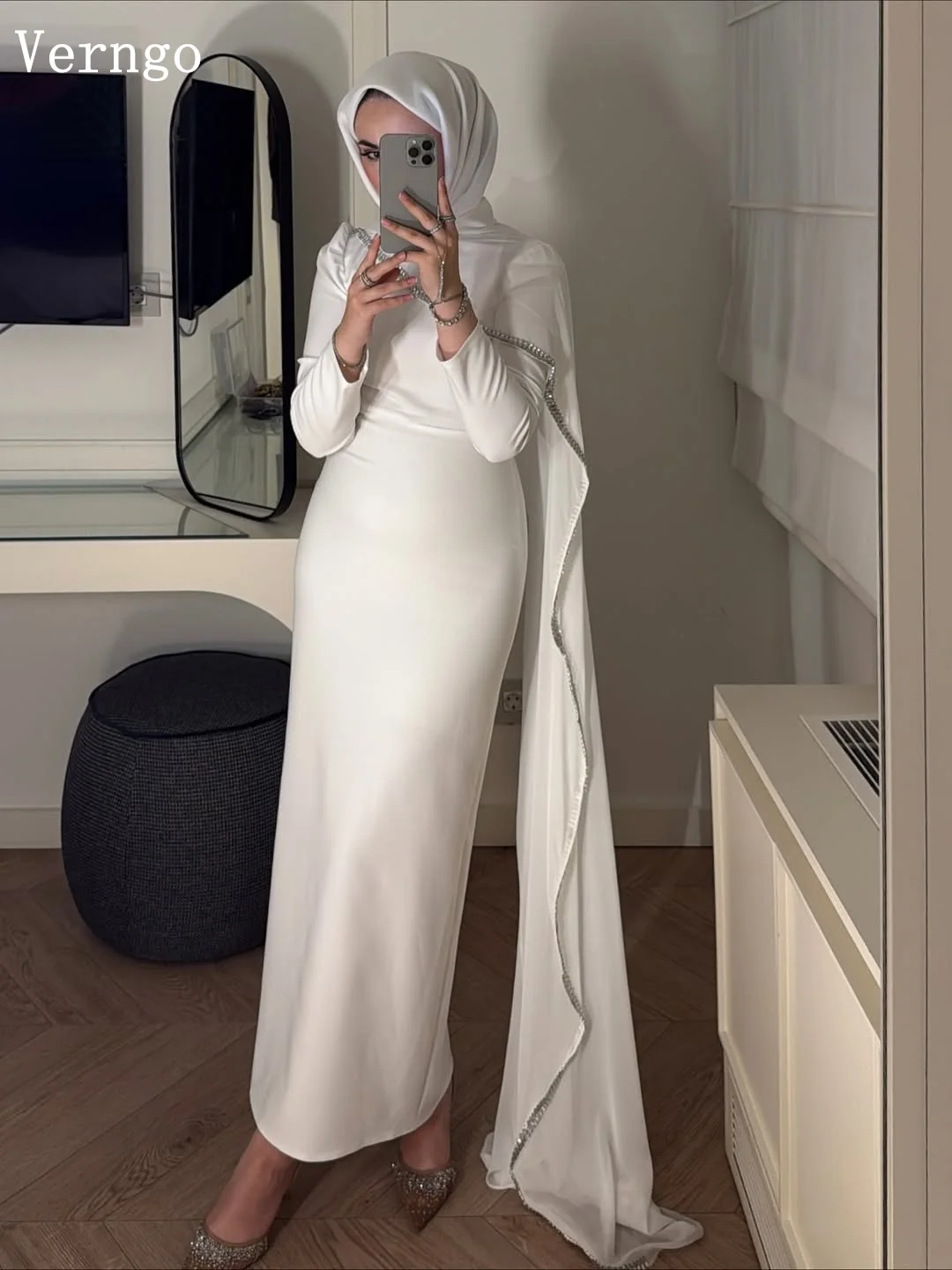 Verngo Modest Satin Sequined Wedding Dress High Neck A Line Bridal Gowns Shawl Elegant Classy Bride Dresses Customized