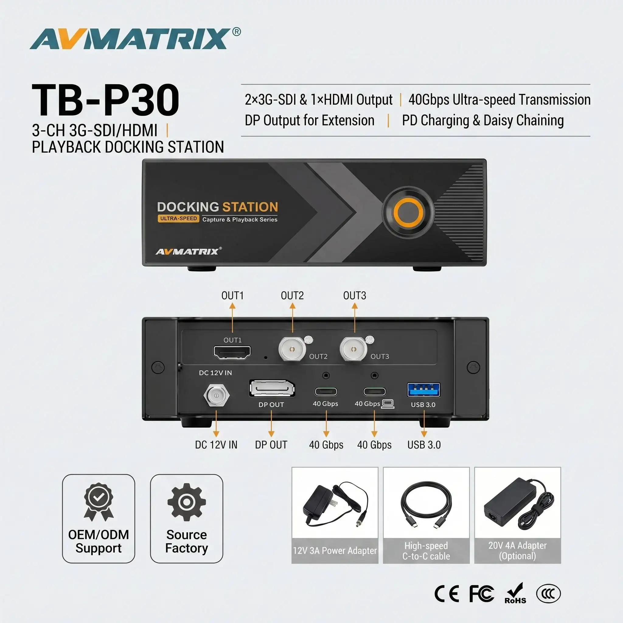 AVMATRIX TB-P30 3-CH 3G-SDI HDMI Playback Docking Station 40Gbps Ultra-speed 60W PD for Live Streaming VMix OBS Broadcast