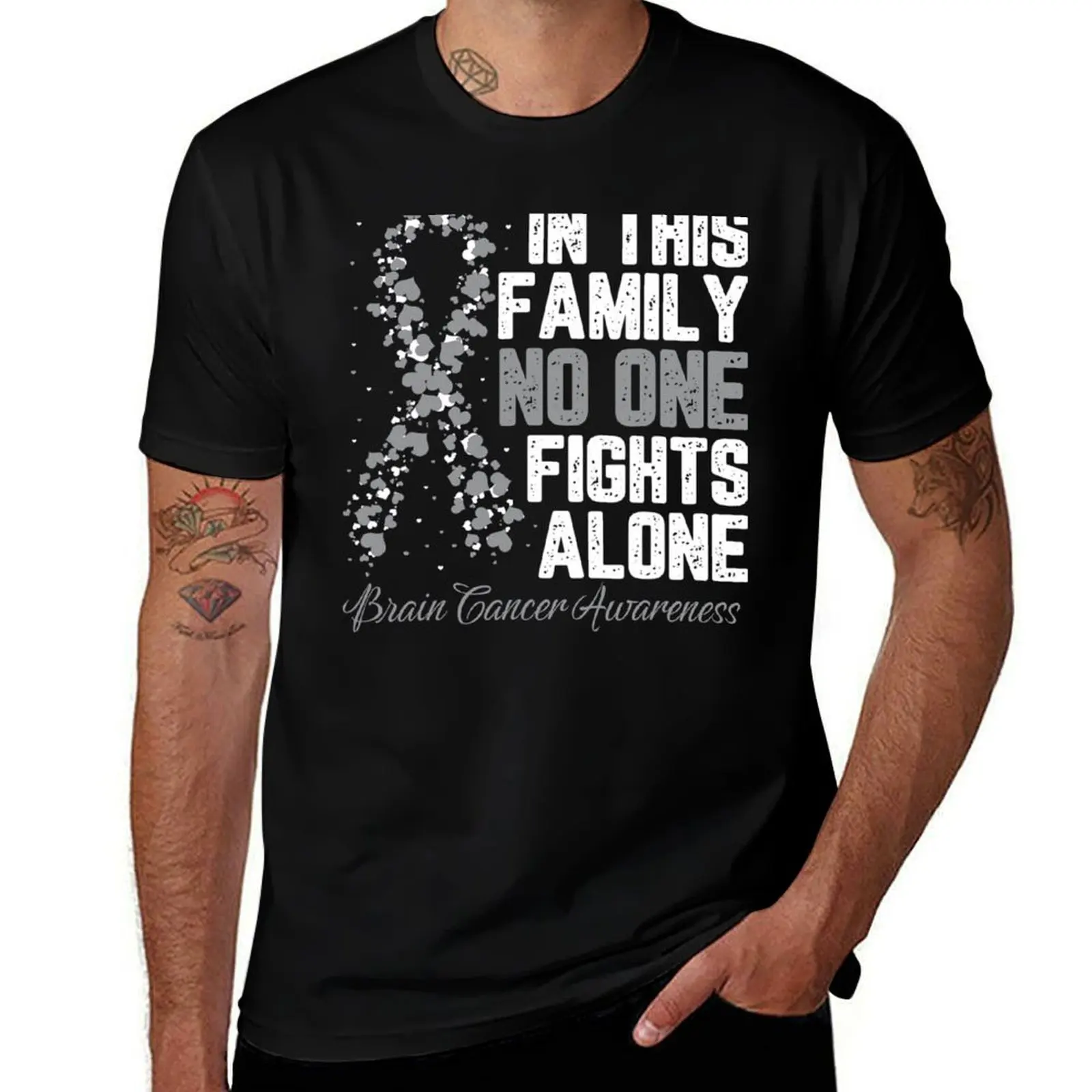 In This Family No One Fight Alone Brain Cancer Awareness T-Shirt Graphic Print Short Sleeve T-Shirt