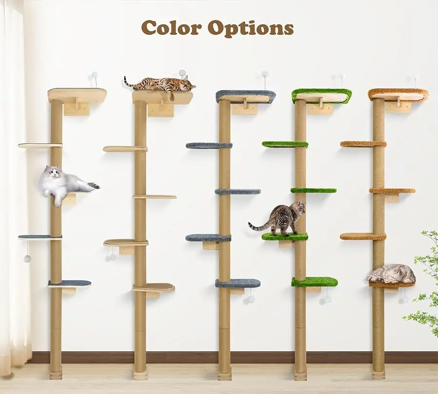 شجرة قطط من الأرض إلى السقف للقطط، أرفف حائط للقطط مثبتة على الحائط مكونة من 5 طبقات مع وسادات لباد رمادية، قطة محاكاة برية قابلة للتعديل