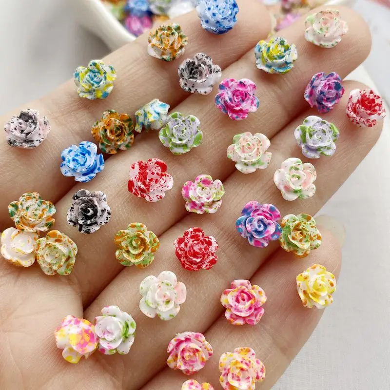 100Pcs New Cute Resin Mini Colored Roses Flower Flat Back  Manicure Parts Embellishments For Hair Bows Accessorie