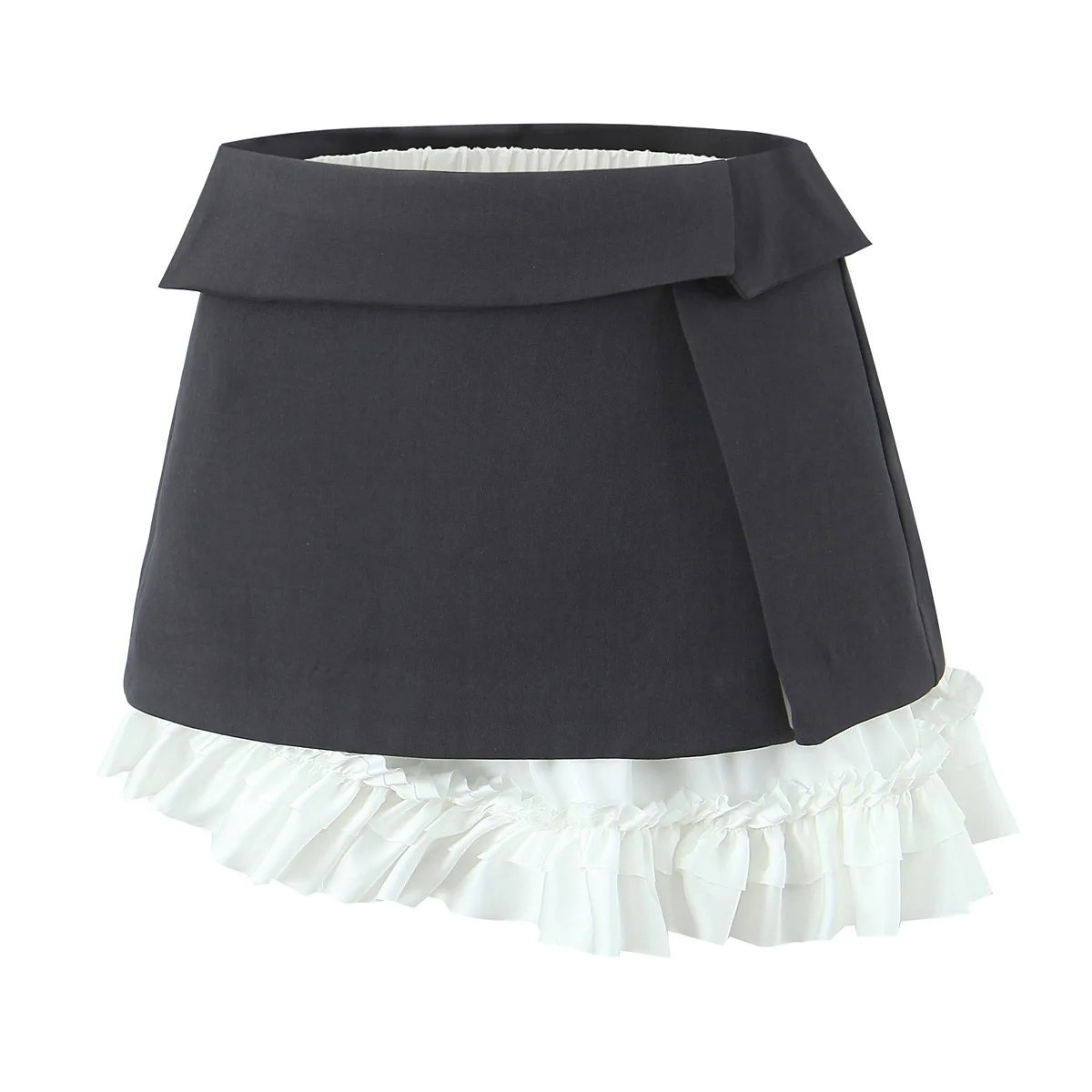 Lace High Waist Spliced Slim Short Skirt Black White Ruffled Mini Skirt Wrap Design For Women Fashionable Versatile Party DHK0