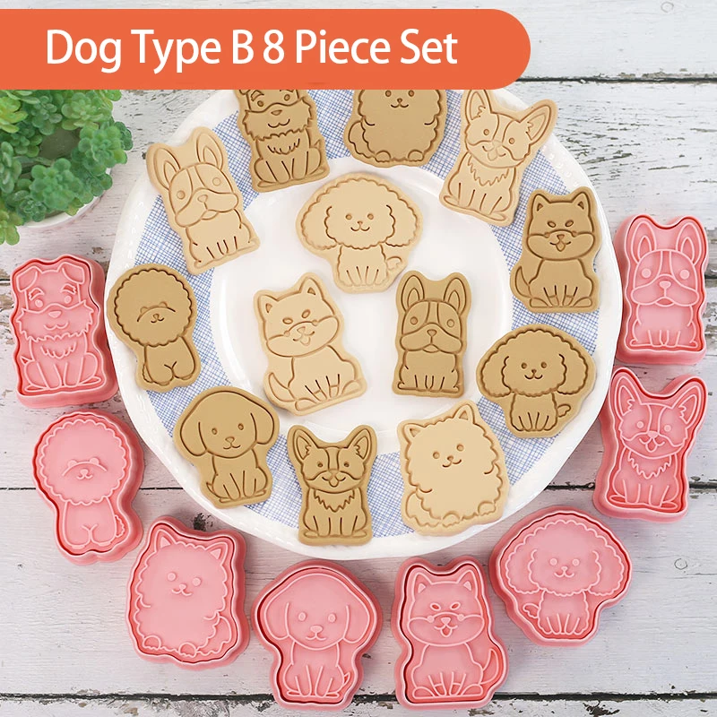 8Pcs/set Dog Shape Cookie Cutters Plastic 3D Cartoon Pressable Biscuit Mold Cookie Stamp Kitchen Baking Pastry Bakeware Tool