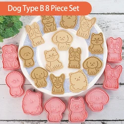 Dog Shape Plastic Cookie Cutters, Cartoon Biscuit Mold, Cookie Stamp, Cozimento da cozinha, Pastelaria Bakeware Tool, 3D, 8pcs por conjunto