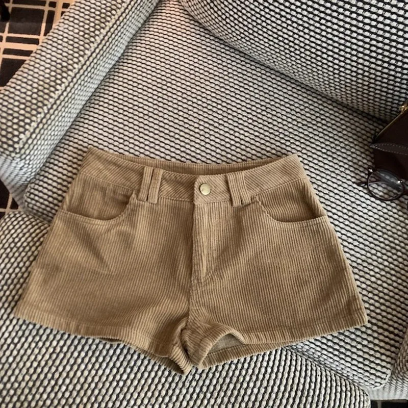 Outono e inverno novo retro cáqui veludo de cintura alta shorts retos spice girl calças quentes em forma de a