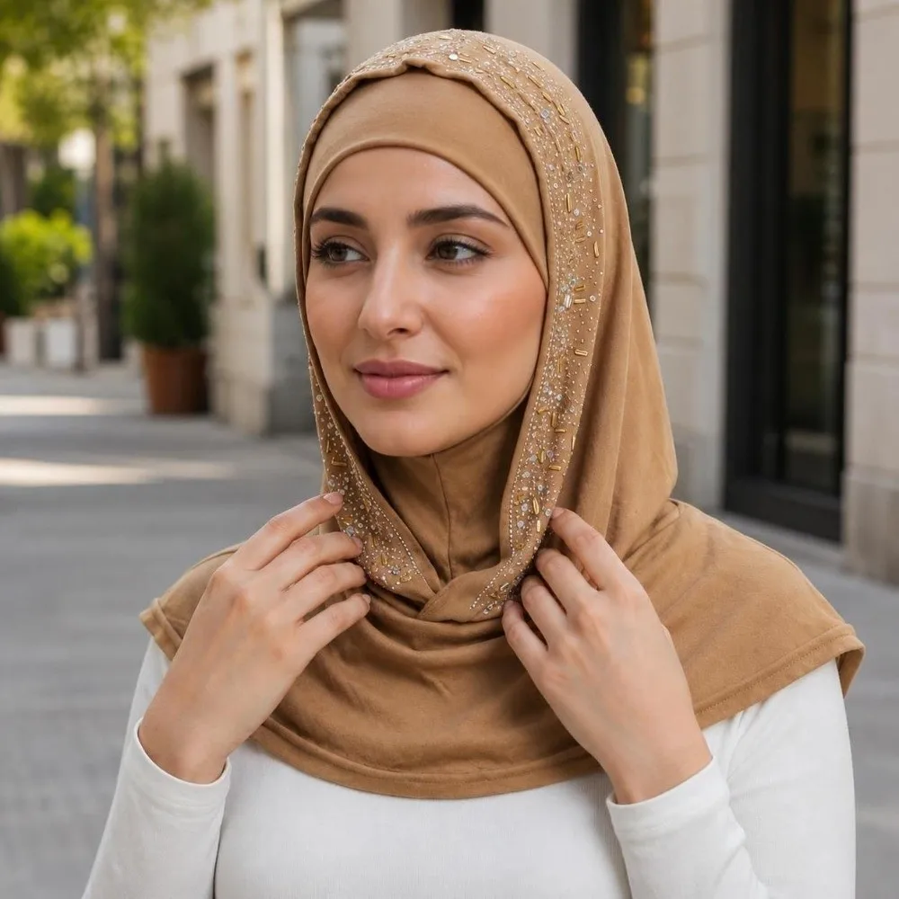 New Rhinestone Decor Instant Hijab Cap Stretchable Soft Elastic Pull on Hijab Breathable Easy Wear Head Wrap Hat Party