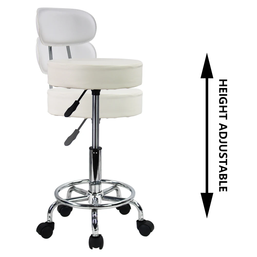 KKTONER-Tabouret à Roulettes en Cuir PU, à Dossier Moyen, avec Repose-Pieds, Chaise de Travail à Comcussion, Réglable, pour Ordinateur de Bureau, à Domicile, Blanc