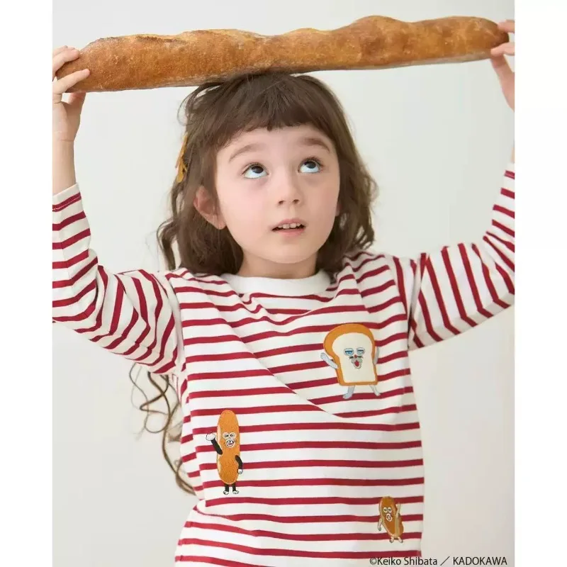 Long Sleeve T-Shirt Cartoon Bread Thief Stripe Design Children's Clothing Unisex Cotton round Neck Pullover Spring Autumn